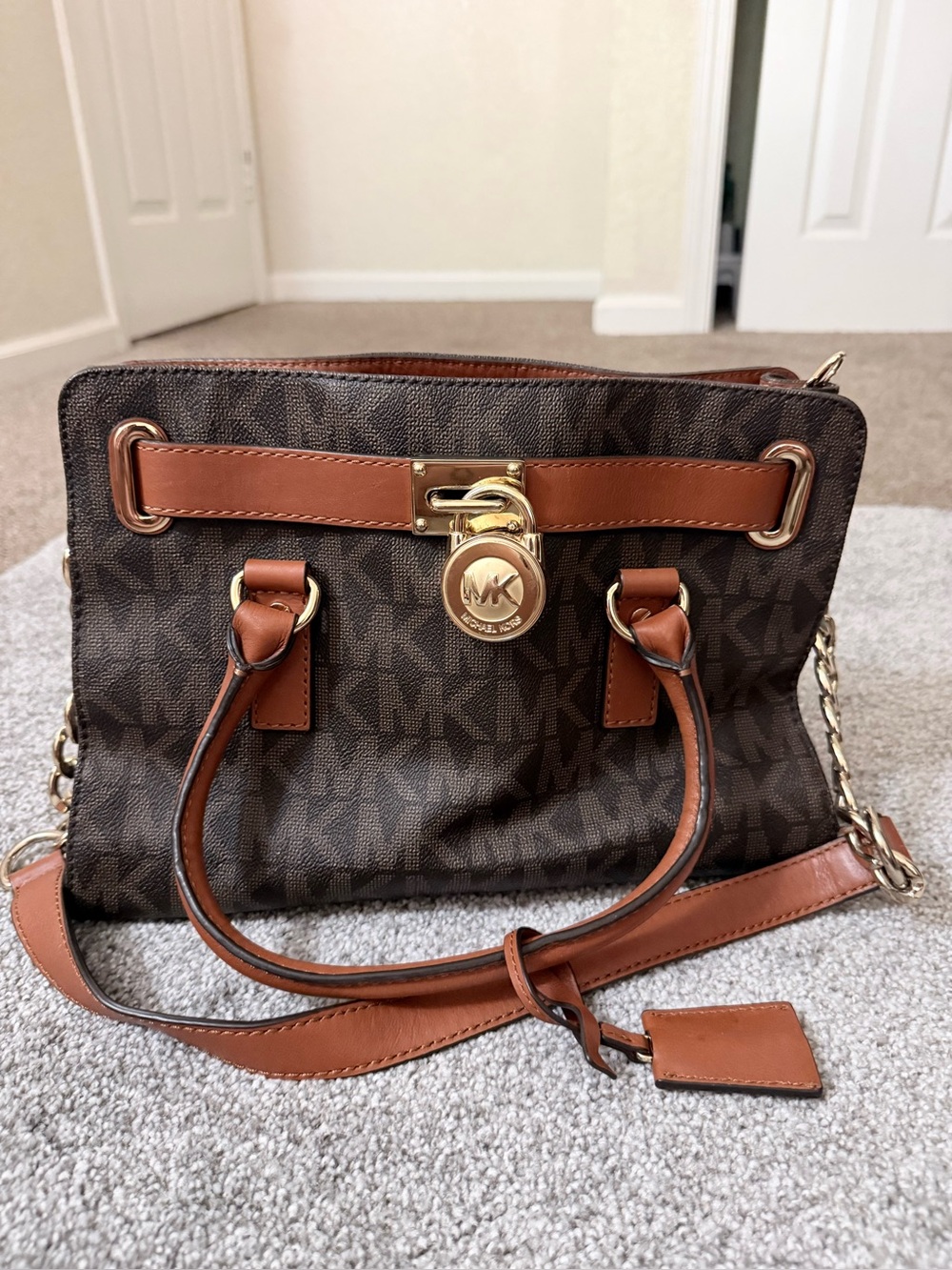 Michael Kors Brown & Tan Monogram Satchel with Gold Hardware
